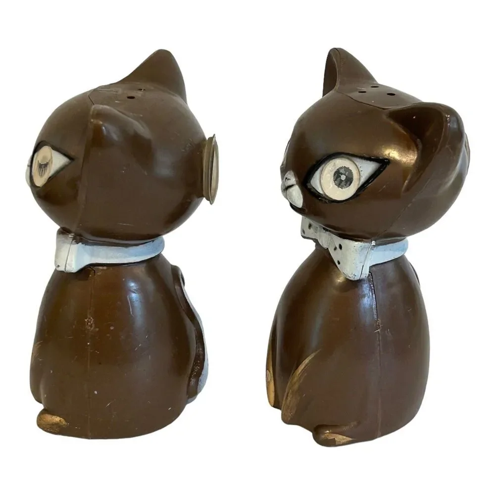 VINTAGE MCM WINKING GOOGLY EYES CATS SALT PEPPER SHAKERS BROWN‎ JAPAN 1960s